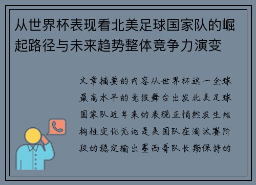 从世界杯表现看北美足球国家队的崛起路径与未来趋势整体竞争力演变